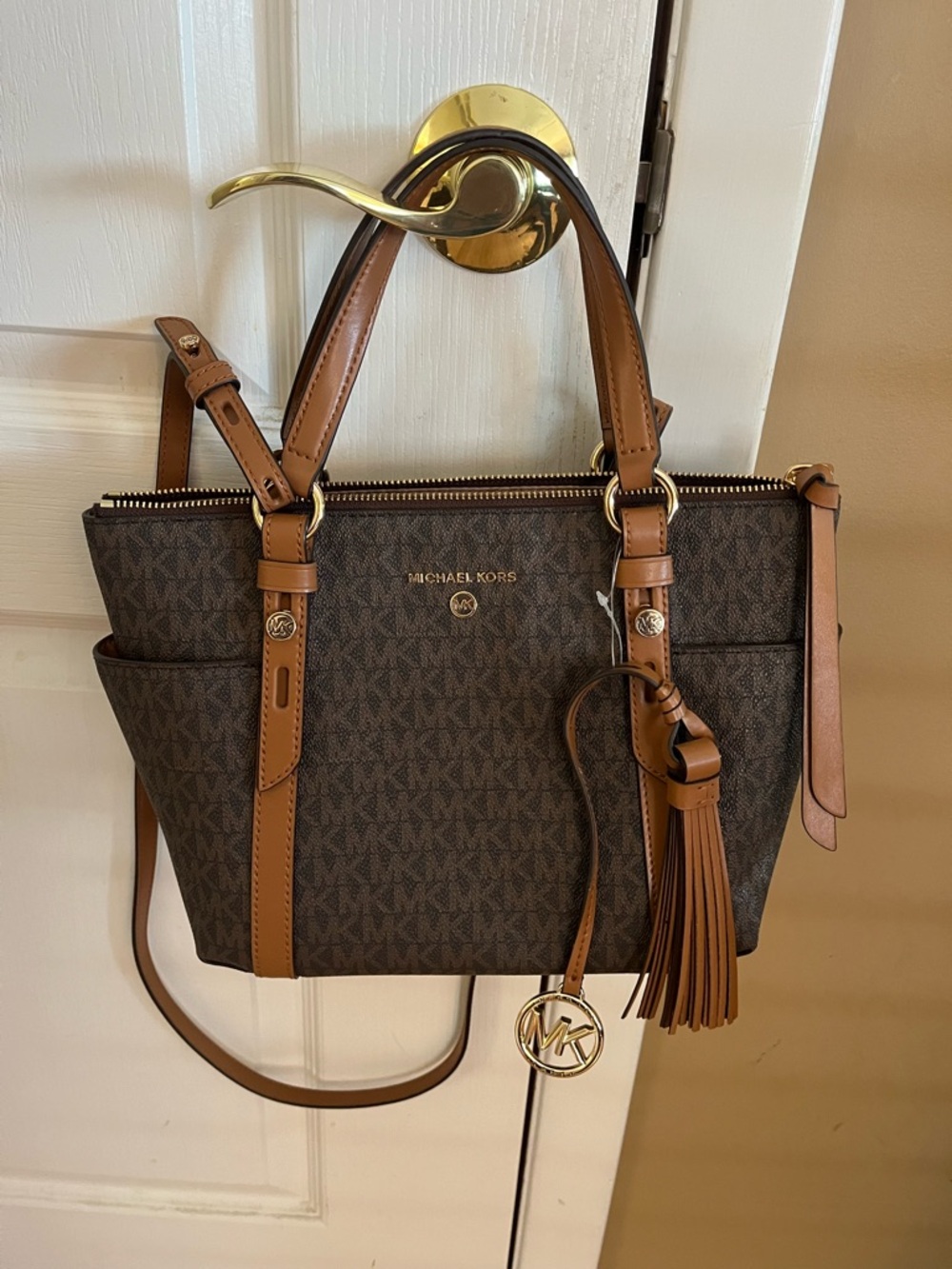Michael Kors Brown Monogram Tote with Tan Leather Trim - Picture 4 of 5
